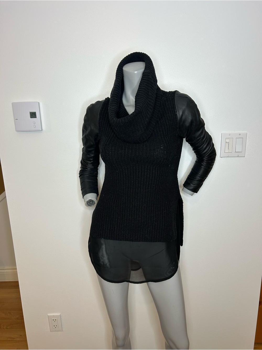 RUDSAK Black Cowl-Neck Sweater with Faux Leather Sleeves